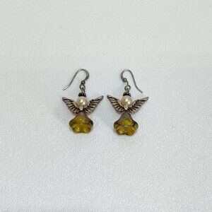 Angel Wing Earring Handcrafted Yellow Glass Flower Bead Faux Pearls Silver Hooks